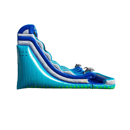 A large blue and green inflatable water slide featuring multiple waves and two slides, set against a white background