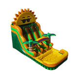 Bright yellow and green 18ft double line water slide featuring a smiling sun and palm trees, ideal for summer fun.