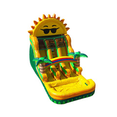 Bright yellow and green 18ft double line water slide featuring a smiling sun and palm trees, set against a white background.