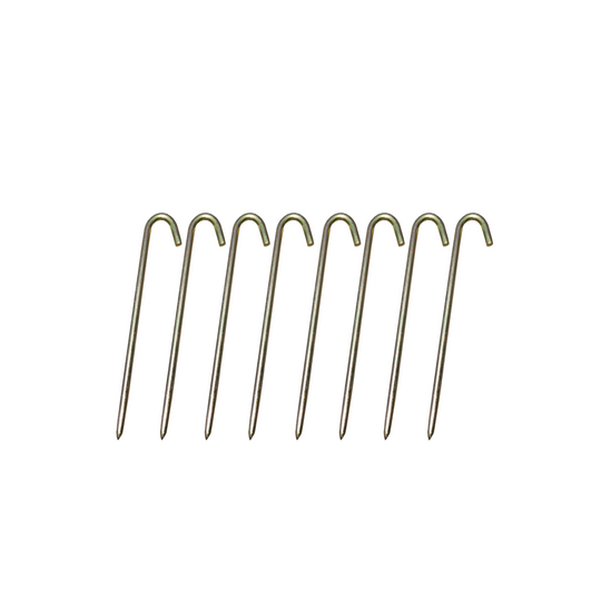 Set of eight 18-inch stakes for securing a commercial bounce house on various surfaces.