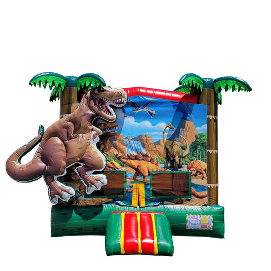 Colorful Epic Dino Castle bounce house featuring a large dinosaur graphic and palm trees, set against a vibrant prehistoric