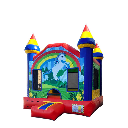 Colorful Enchanted Unicorn Castle bounce house with rainbow and unicorn design, featuring blue and red towers.