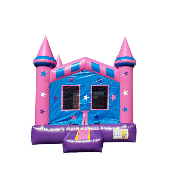 Bright pink and blue commercial bounce house featuring star designs and two tall spires, set against a white background.