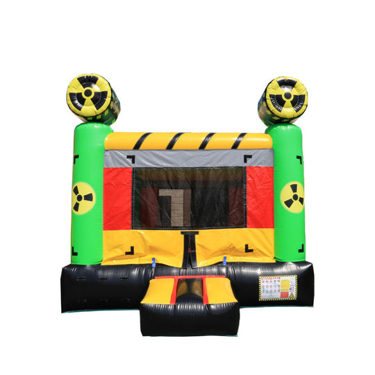 Brightly colored radioactive castle bounce house featuring green, yellow, and black elements, designed for fun and play.