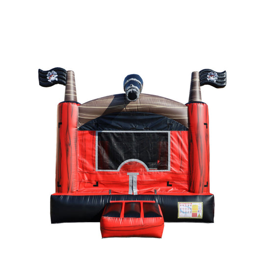 Red and black pirate-themed commercial bounce house with flags and a large jumping area.