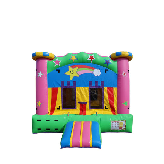 Colorful pink shooting star castle bounce house with rainbow and star designs, featuring a bright entrance ramp.