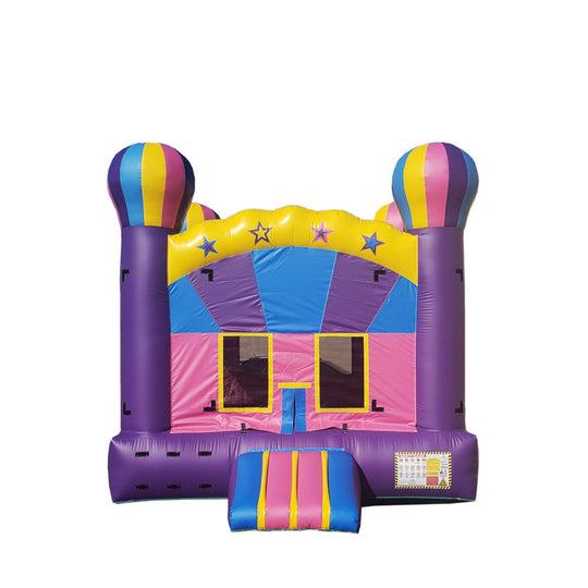 Colorful purple hot air balloon castle bounce house with yellow and pink accents, featuring a front entrance and large mesh