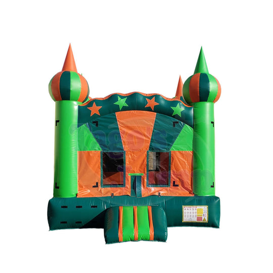 Bright green and orange B-450 Pumpkin Vine Castle bounce house with pointed turrets and star designs, set against a white