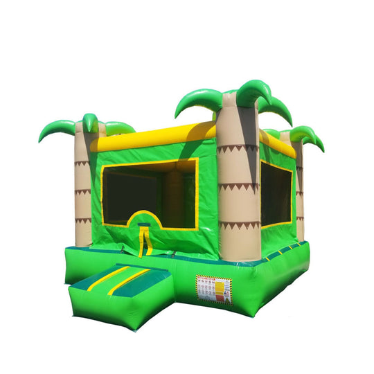 Bright green and yellow commercial bounce house for sale featuring palm tree designs and a spacious jumping area.