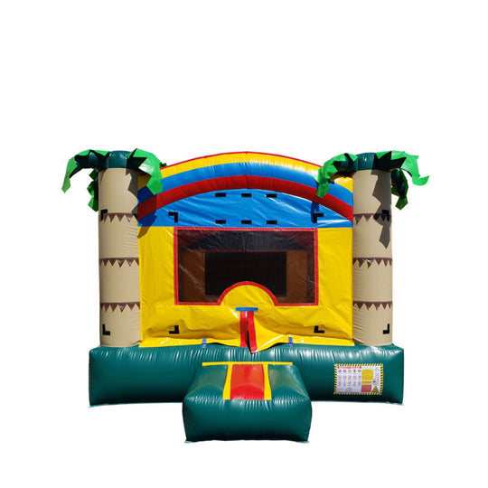 Colorful Tiki Island Castle bounce house featuring palm trees and a slide, ideal for outdoor events.