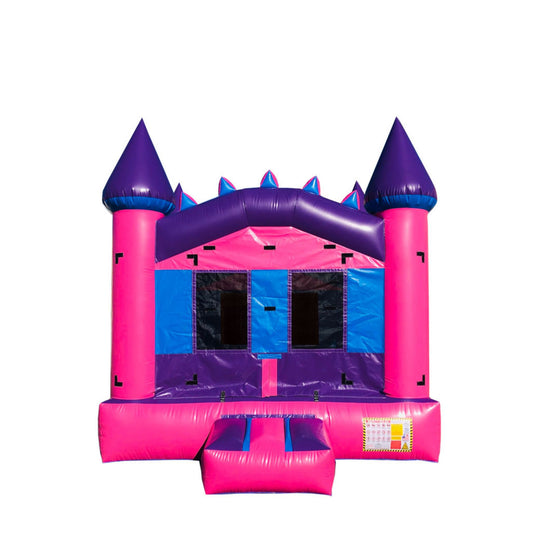Bright hot pink castle bounce house with purple accents, featuring tall spires and a spacious jumping area, ideal for outdoor