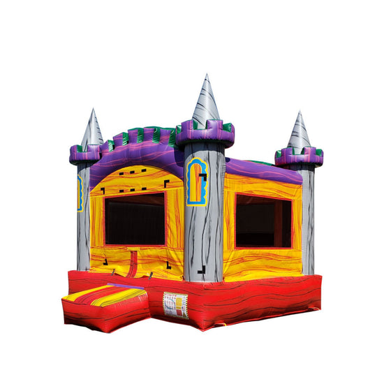 Colorful castle-themed commercial bounce house for sale with purple and orange accents, featuring spires and large mesh