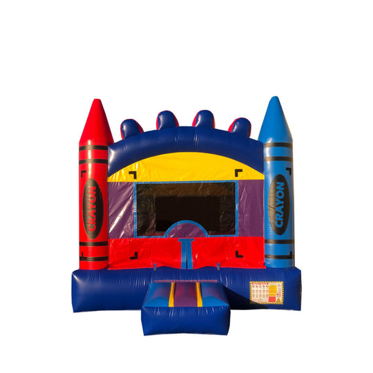 Colorful Crayon Castle bounce house featuring red and blue crayon towers, ideal for outdoor play.