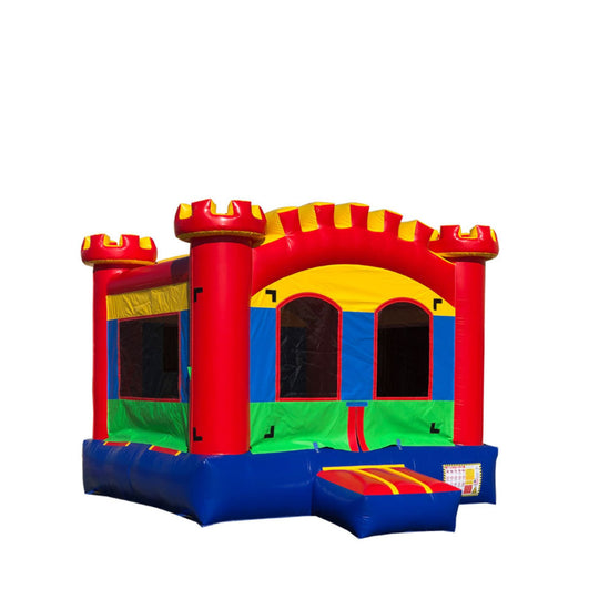 Colorful B-469 Rainbow Fortress Castle with red, yellow, and green panels, featuring a slide and castle turrets, ideal for