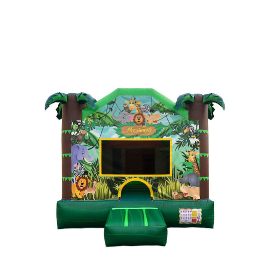 Colorful Jungle Jam Castle bounce house featuring vibrant animal graphics and palm trees, ideal for outdoor fun.