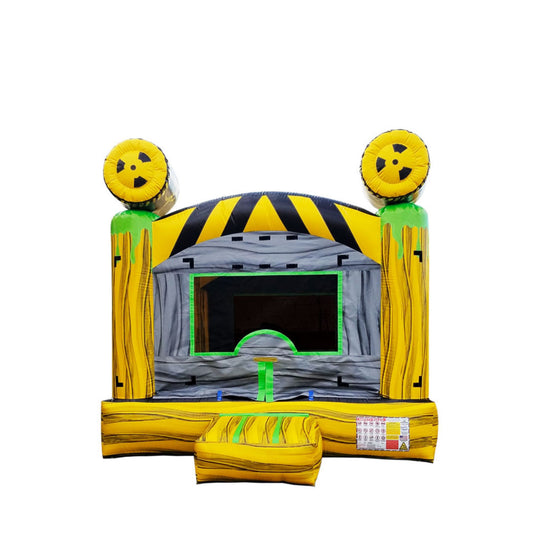 Bright yellow and gray commercial bounce house for sale featuring a toxic theme with hazard symbols and a large jumping area.