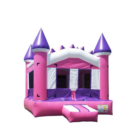 A pink and purple Glam Castle bounce house featuring tall spires and mesh windows, set against a white background.