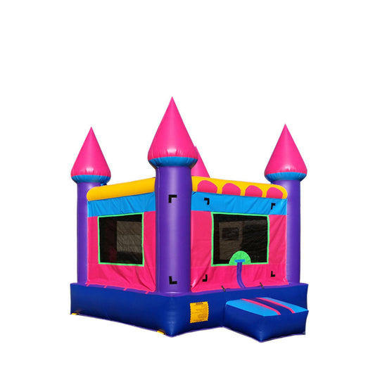 Colorful Enchanted Pink Castle bounce house with pink and blue towers, featuring a vibrant design and entrance ramp, ideal