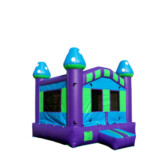 Colorful purple and green bounce house with blue mushroom-shaped towers, designed for fun and play.