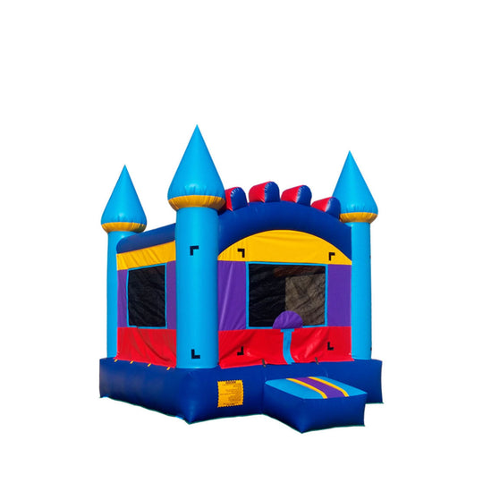 Colorful B-520 Hero's Castle bounce house featuring blue and red accents with tall spires, set against a white background.