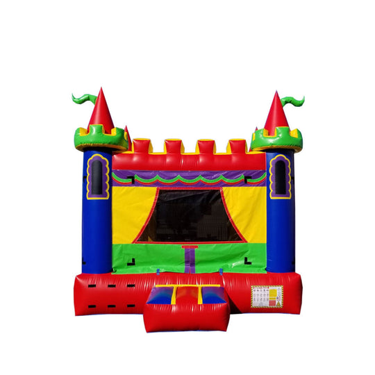 Colorful inflatable bounce house designed as a magical castle with red and green accents, featuring tall turrets and a large
