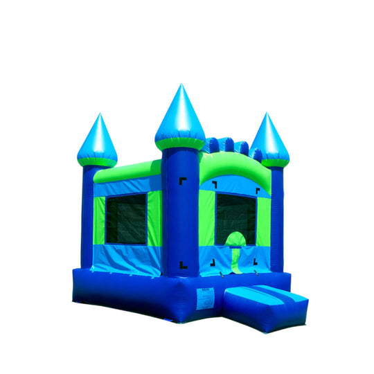 Bright blue and green commercial bounce house for sale with castle design and pointed turrets.
