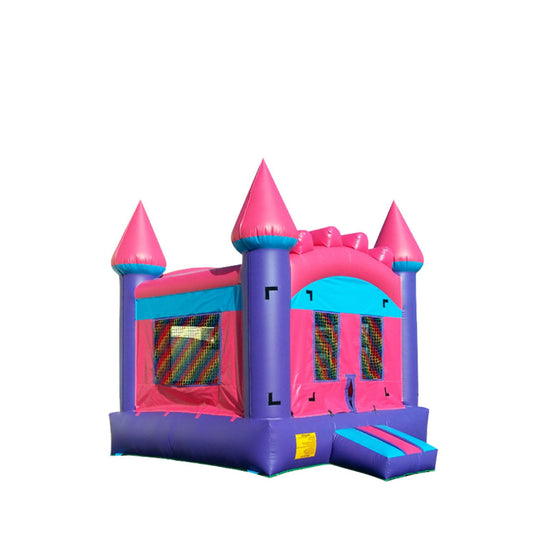 Whimsical pink castle bounce house with blue accents and tall spires, set against a white background, ideal for outdoor