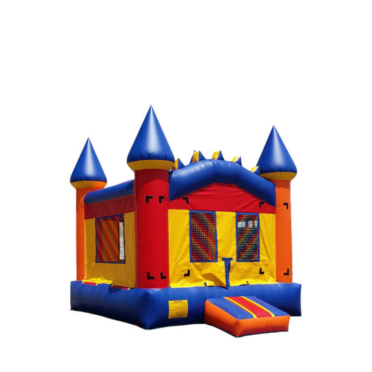 Colorful B-528 Spidey Castle bounce house featuring red, yellow, and blue colors with tall spires, set against a white