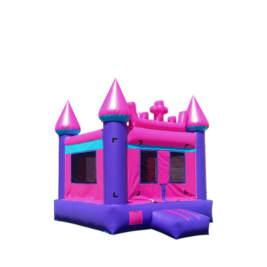 Bright pink and purple bounce house designed like a castle with pointed turrets, featuring mesh windows.