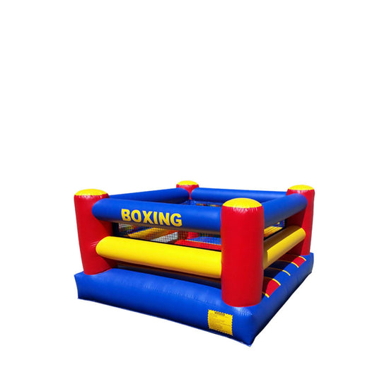 Colorful inflatable boxing ring with red, blue, and yellow sections, designed for fun and play.