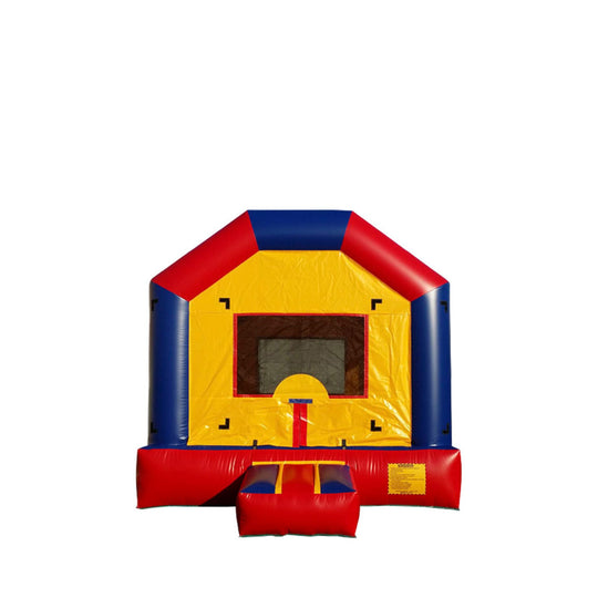 Bright yellow and red commercial bounce house for sale with a blue trim and a large mesh window.