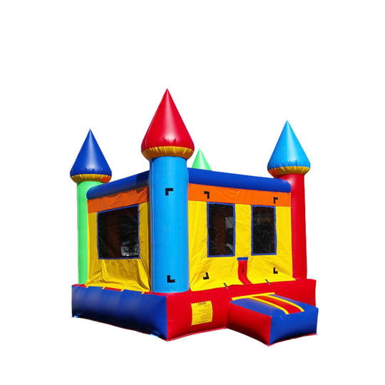 Colorful commercial bounce house for sale featuring red, blue, and yellow with castle-like towers.