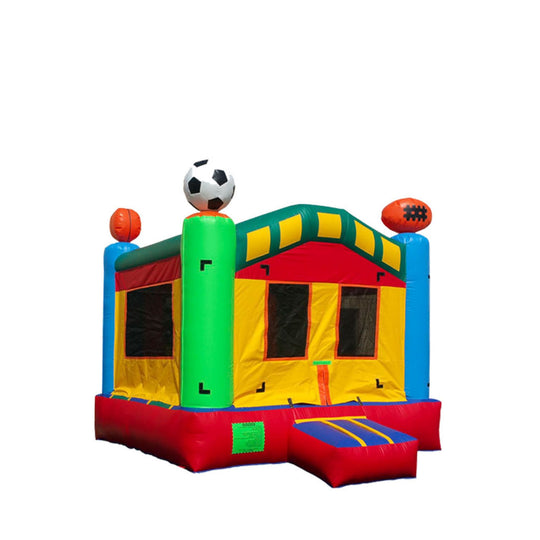 Colorful commercial bounce house for sale featuring sports-themed decorations like a soccer ball and footballs on top.