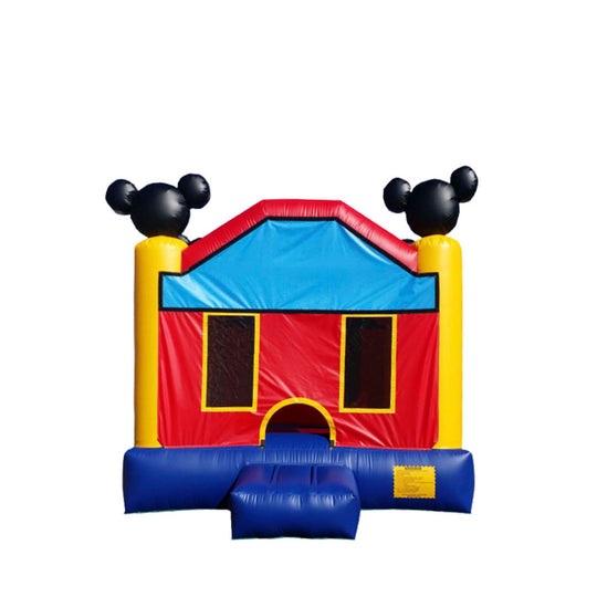 Colorful red, blue, and yellow Happy Mouse bouncer with mouse ears on top, featuring a front entrance and mesh windows, ideal