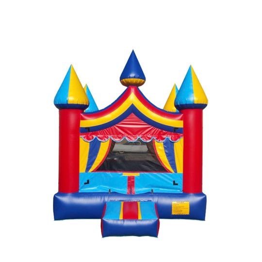 Colorful B-597 Carnival Castle bounce house with blue, red, and yellow design, featuring pointed towers and an entrance ramp