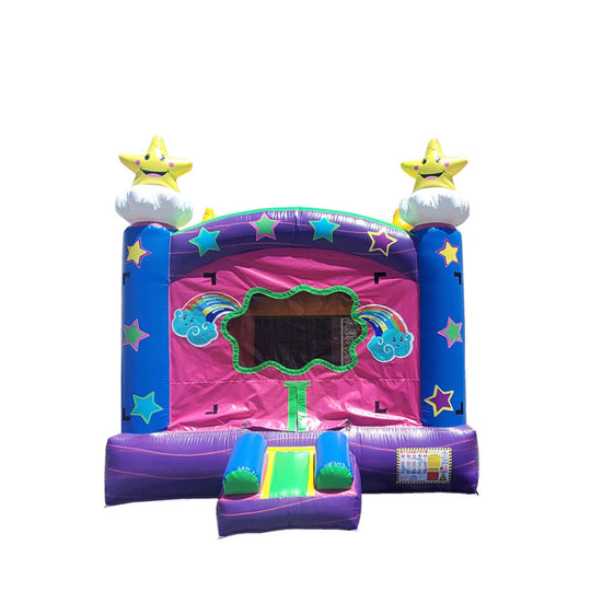Colorful B-599 Shooting Star Castle bounce house featuring stars and rainbows, ideal for outdoor fun.