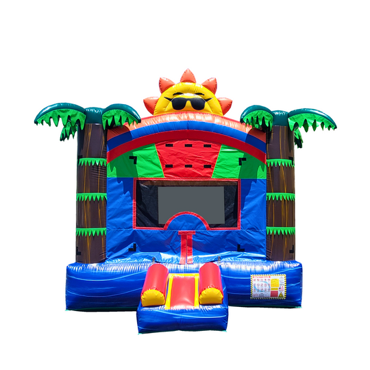 Colorful B-600 Sunny Tropical commercial bounce house for sale featuring a smiling sun and palm trees.