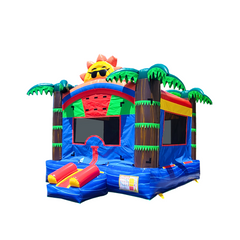Colorful commercial bounce house for sale featuring tropical palm trees and a sun design, set against a white background.
