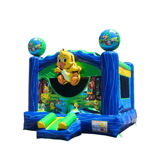 Colorful Little Duckling bounce house featuring a cheerful duck character and vibrant blue and green design, ideal for