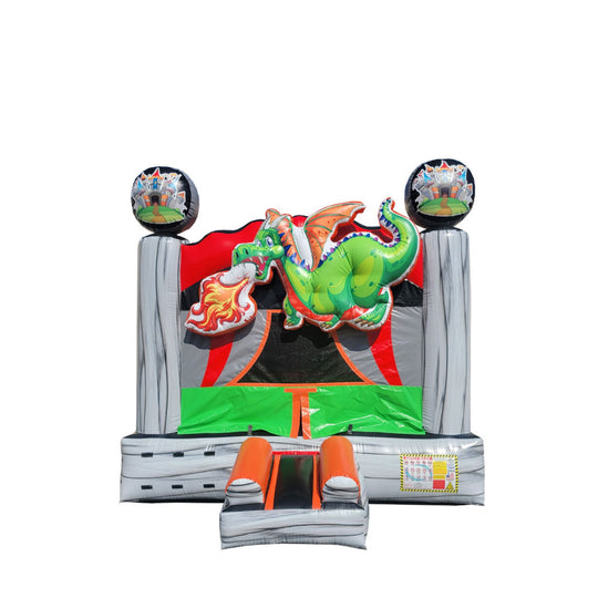 Colorful Dragon's Lair commercial bounce house for sale featuring a green dragon breathing fire, set against a vibrant red