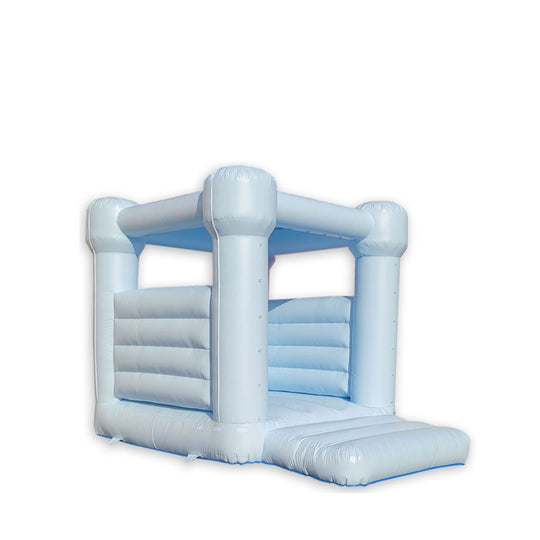 Pastel blue decorative bounce house with a simple design and entrance ramp, suitable for outdoor events.