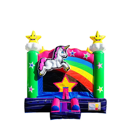 Colorful B-612 Rainbow Unicorn bounce house featuring a unicorn, rainbow, and star decorations, set against a white