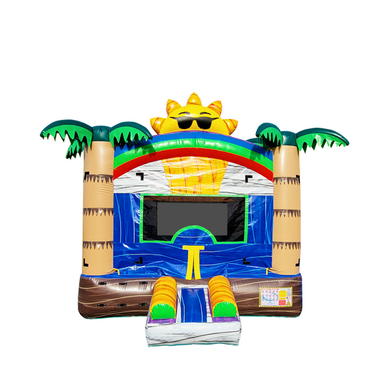 Colorful commercial bounce house for sale featuring a sunny palace theme with palm trees and a large sun design.