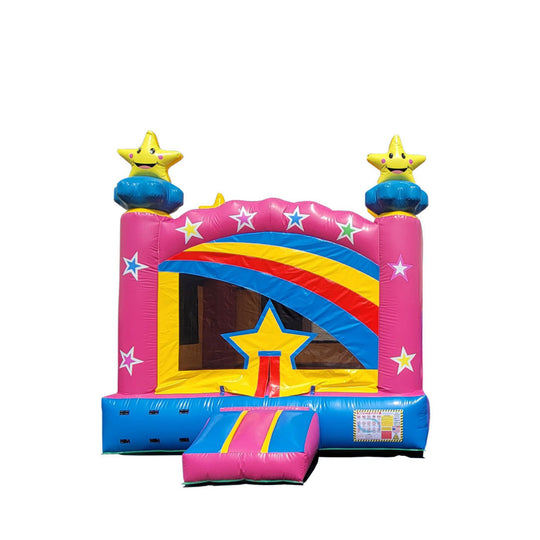Colorful Twinkle Castle bounce house featuring pink and blue stars, rainbow stripes, and a large star entrance, ideal for