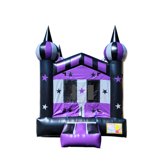 A purple and black commercial bounce house featuring castle towers and star designs, set against a white background.