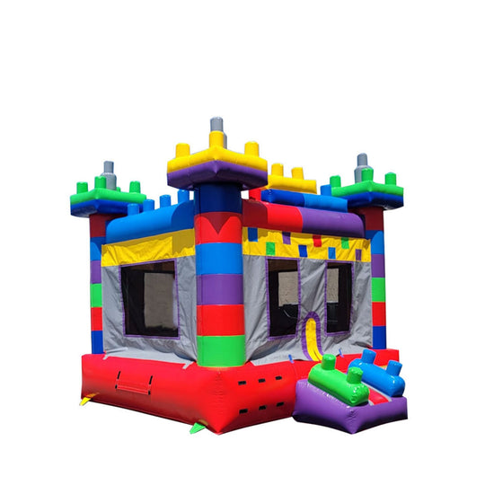 Colorful B-616 Mega Block commercial bounce house for sale with block-themed design and inflatable accessories.