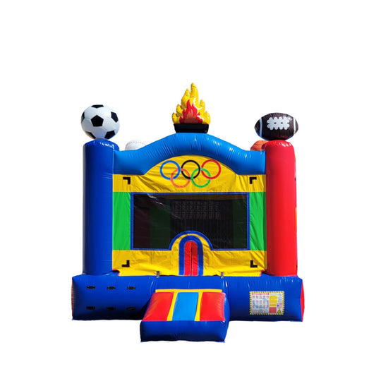 Colorful commercial bounce house for sale featuring Olympic rings, sports balls, and a vibrant design.