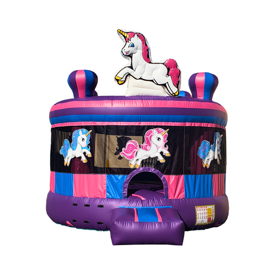 Colorful unicorn-themed commercial bounce house for sale with pink and blue accents and a unicorn topper.