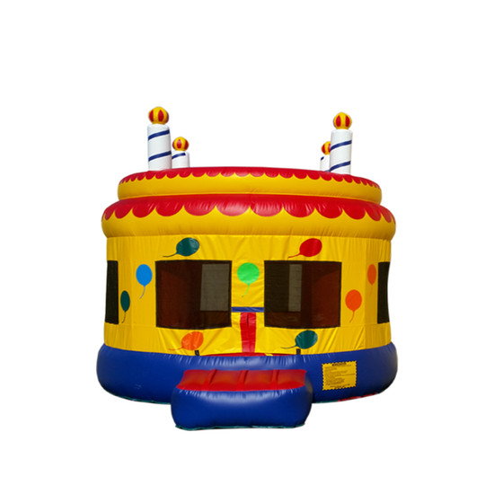Colorful bounce house designed like a birthday cake, featuring candles and balloons, ideal for festive events.