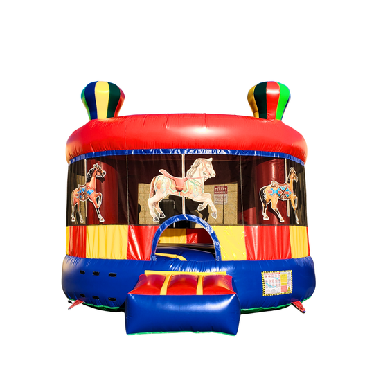 Colorful B-625 Bounce Carousel featuring horse designs, with a red, blue, and yellow theme, set against a white background.